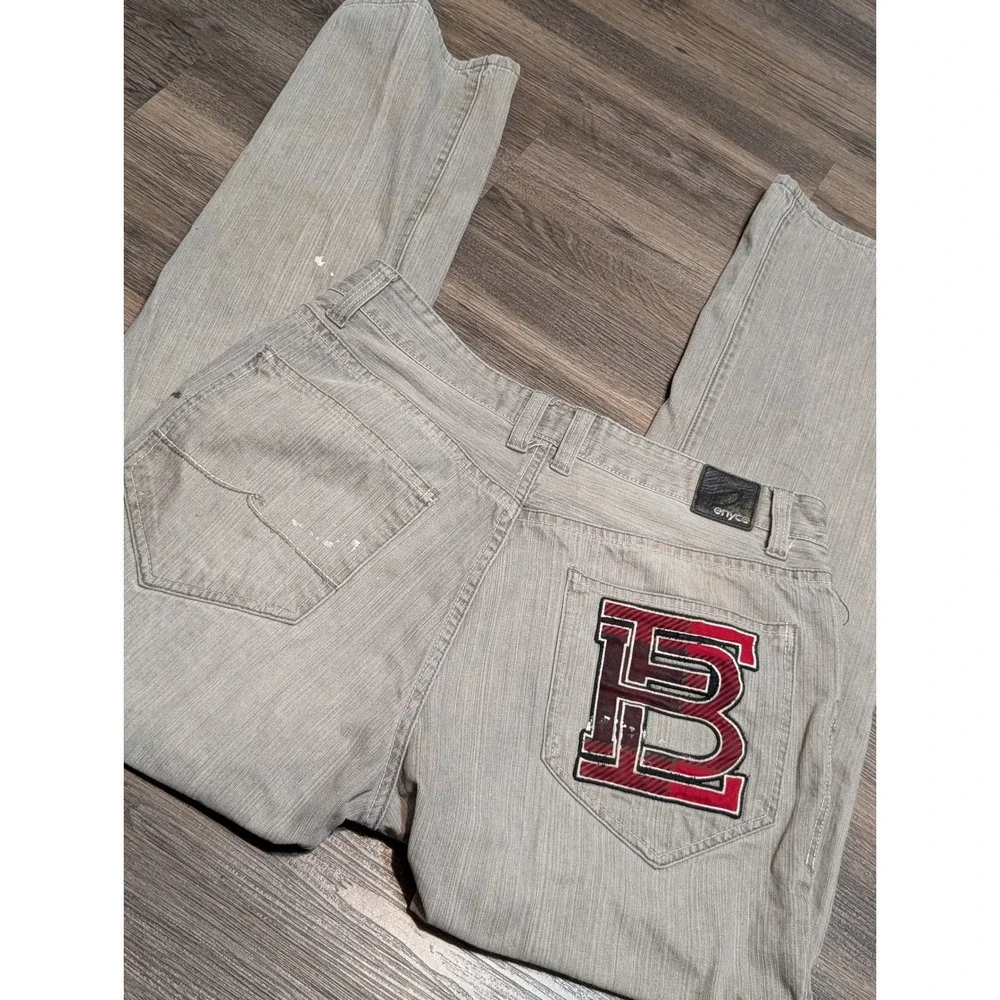 Enyce Baggy Wide Leg Jeans Gray Size 36x32 Y2K Streetwear Patch Logo Distressed
